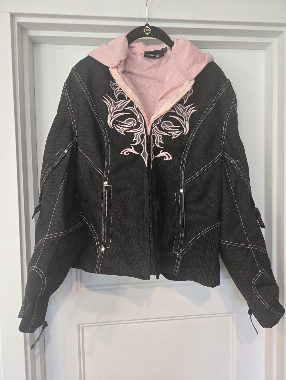 Xelement Black Jacket with Pink Embroidery & Removable  Hoodie - Size Large